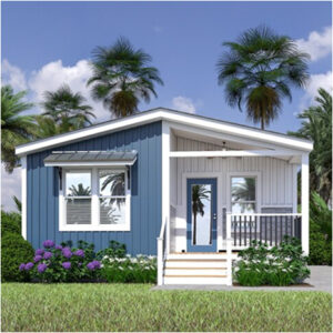Alexa manufactured home design with blue and white siding, a covered front porch, white steps, black railing, and purple flowers along the front exterior.