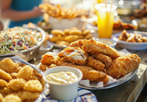 Close up image of a table filled with fried catfish and other traditional southern dishes.