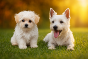 Two little white dogs sitting next to each other
